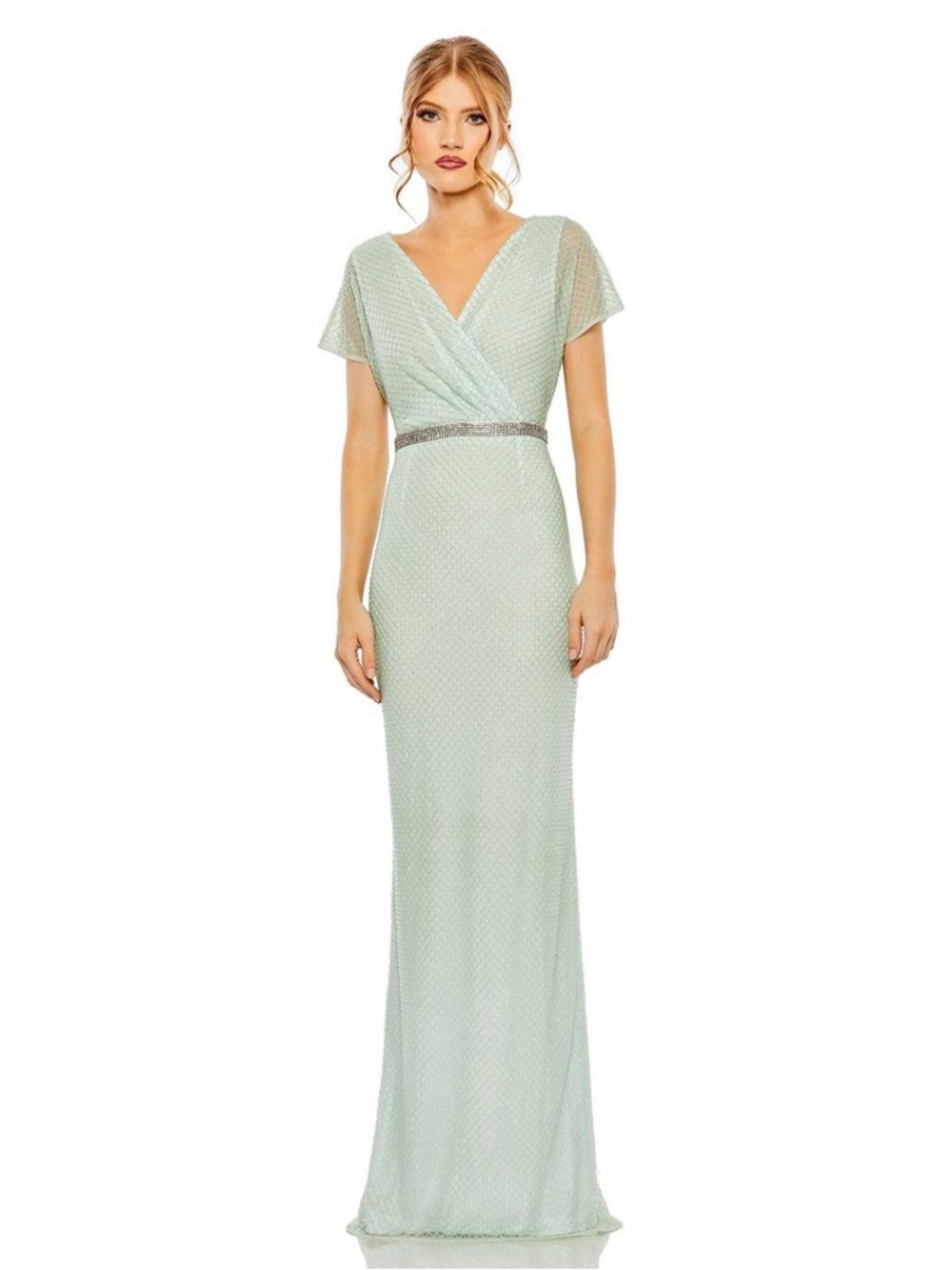 Mac Duggal Rhombus Embellished V-Neck Flutter Sleeve Maxi Dress